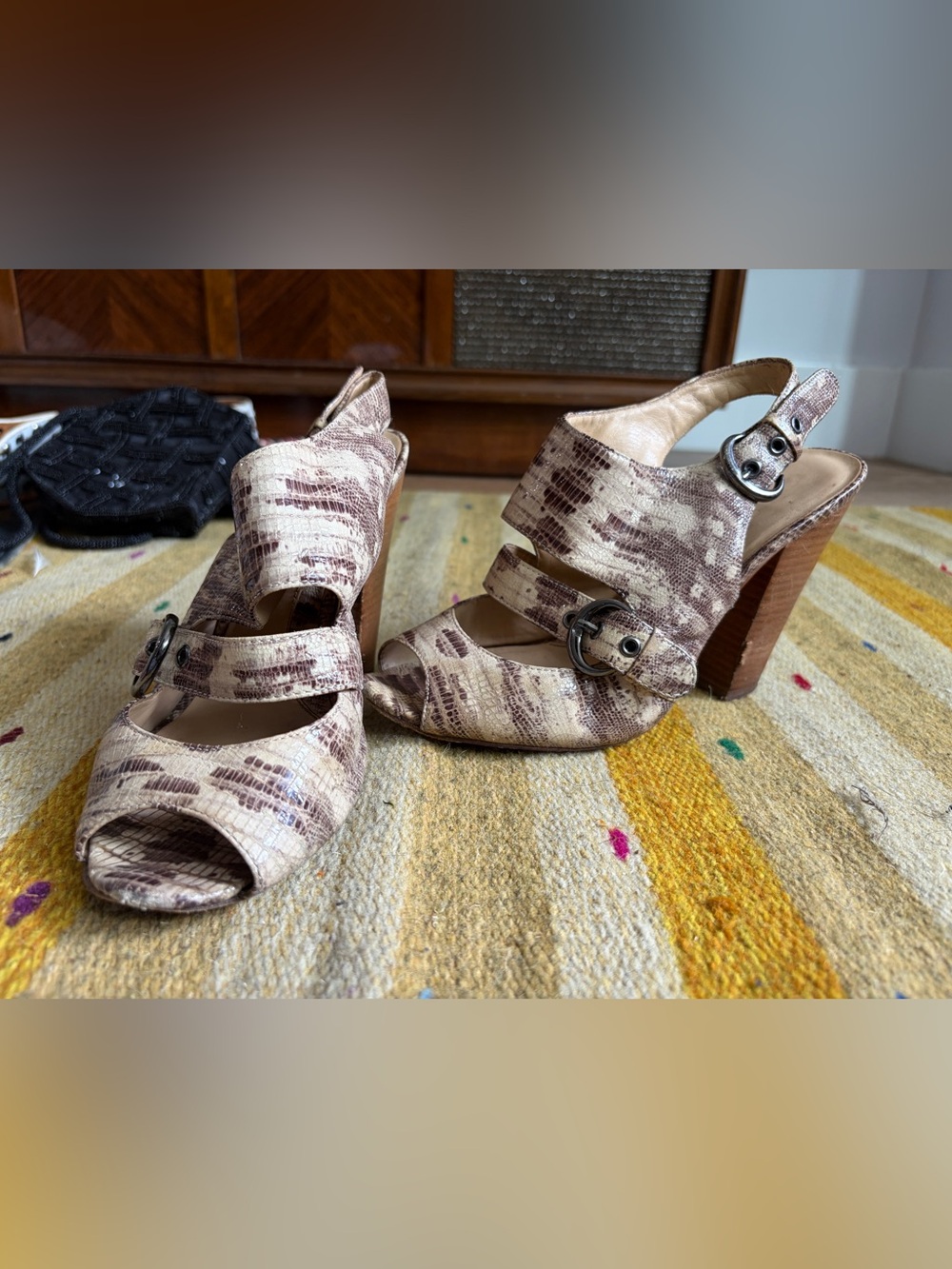 Women's Beige & Brown Snake-Print Open-Toe Heeled Sandals
